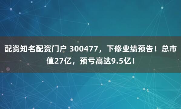 配资知名配资门户 300477，下修业绩预告！总市值27亿，预亏高达9.5亿！